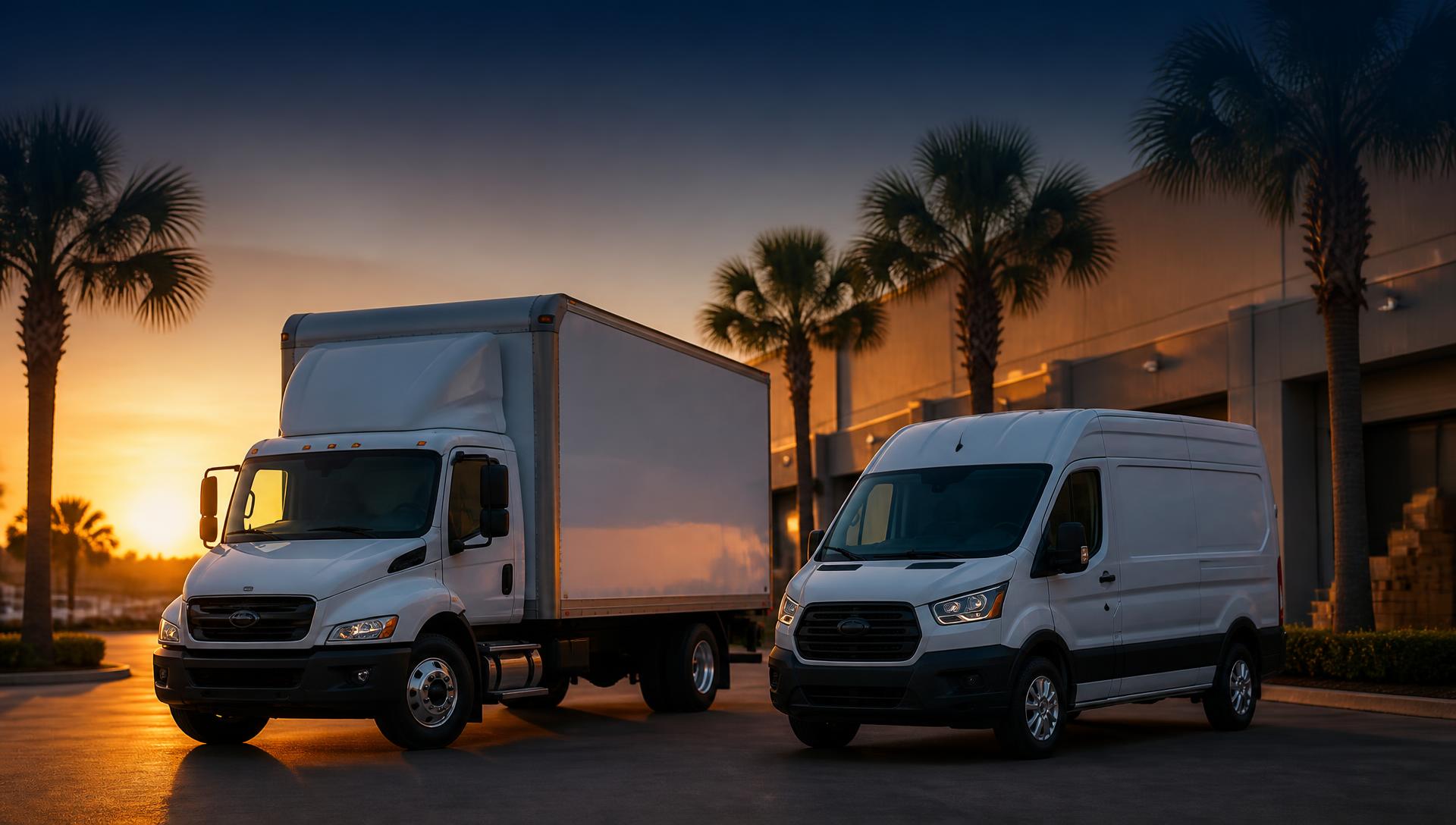 Box truck and cargo van staged at a Florida logistics yard at dusk